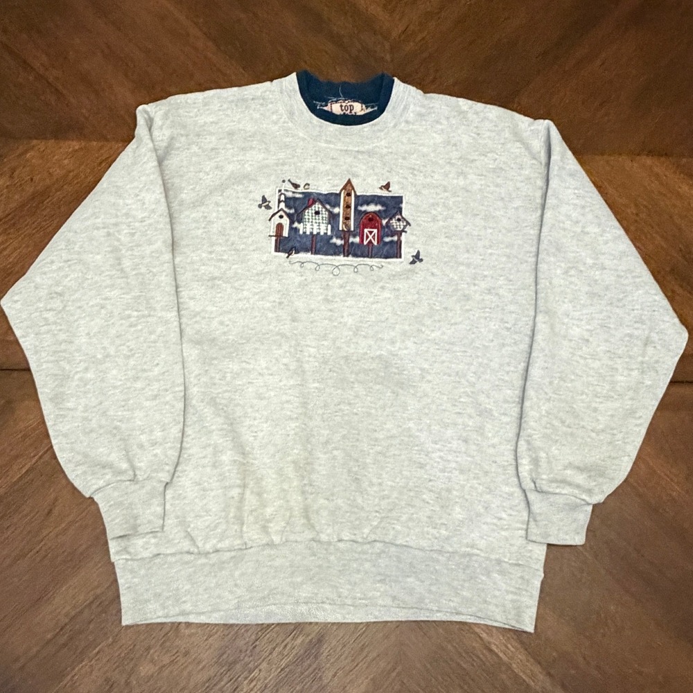 Vintage Top Stitch Birdhouse Embroidered Sweatshirt Gray Double Collar Large